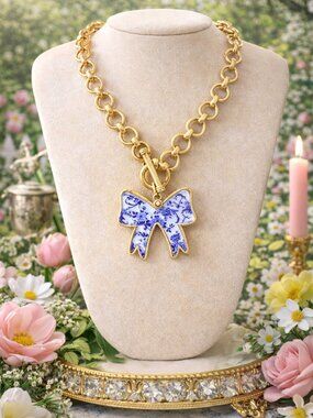 Blue Toile Bow Necklace, Gold Chain Statement Necklace, Southern Style Jewelry